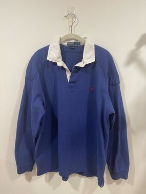 Vintage Polo by Ralph Lauren Men's Blue Rugby Shirt with White Collar
